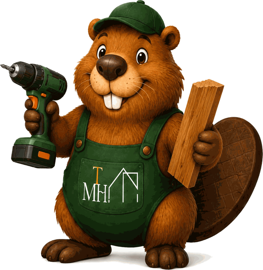 TMH Maskottchen – Biber mit Akkuschrauber und Holzbohle